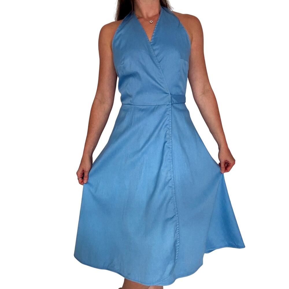 Vintage 1970s Wrap Dress Ellen Tracy Bonwit Teller Blue Cotton Fit & Flare - Picture 3 of 13